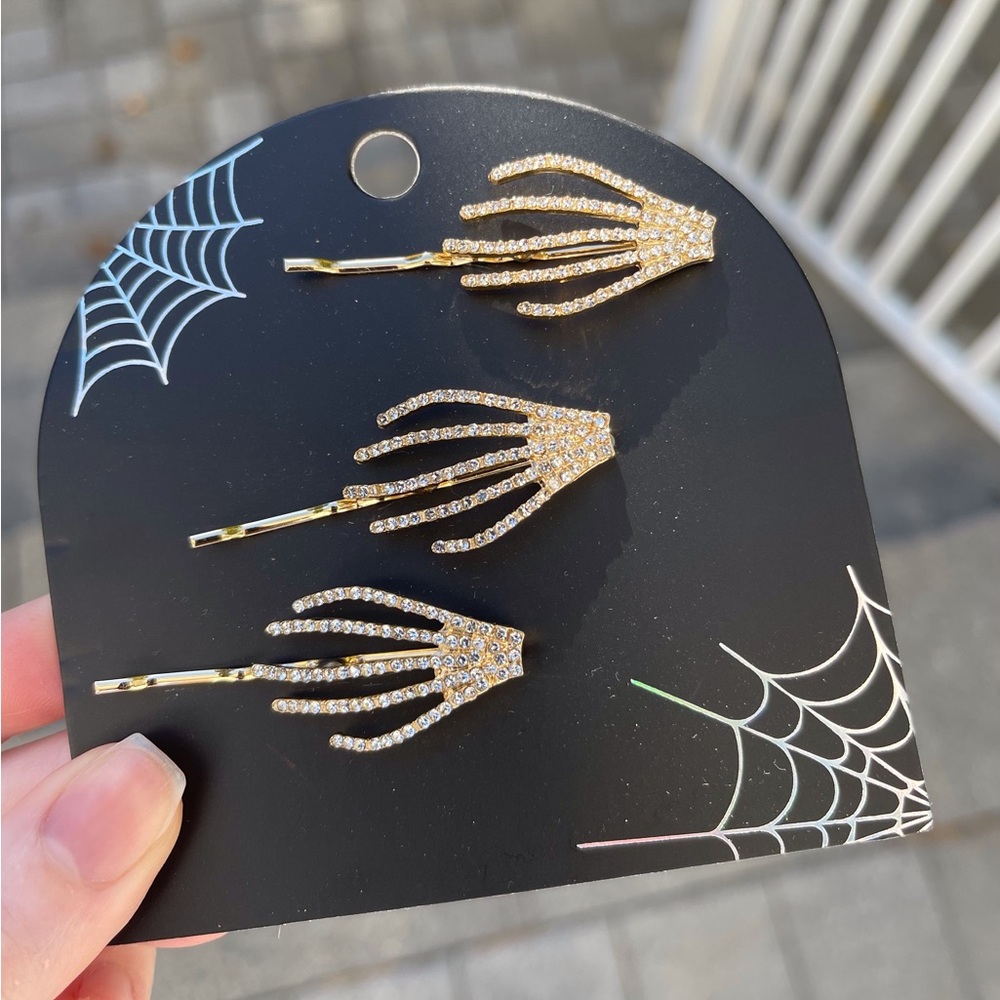 NEW Skeleton Hand Bobby Pins Hair Clips Set Of 3 Gold Tone W/ Crystals Halloween